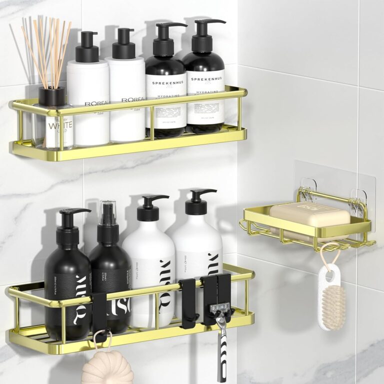 YASONIC Shower Caddy Adhesive, No Drill Bathroom Shower Organizers, with Removable Hooks and Soap Holder, Rust Proof Shower Shelves, Wall-Mounted Shower